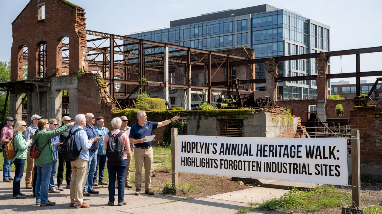 Guided group examining rail yard remnants during the heritage walk