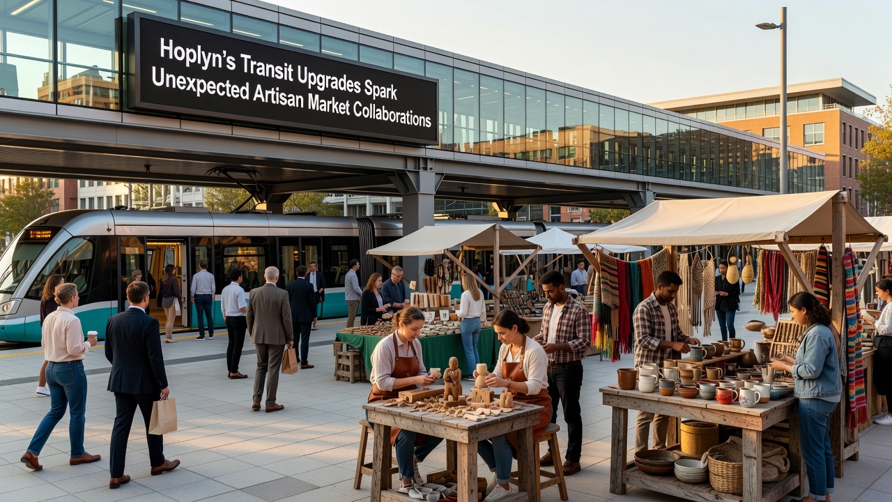 Artisan displaying handmade goods next to a transit information kiosk inside a Hoplyn station concourse